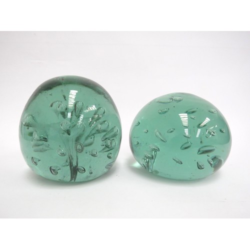 6574 - Two circular green glass dumps with bubble inclusions, tallest 12cm