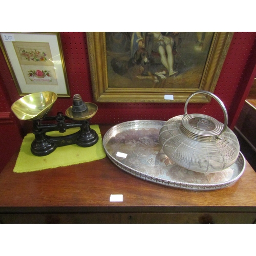 4064 - A galleried oval tray with grapevine pattern, a wire egg basket and kitchen scales with weights (3)