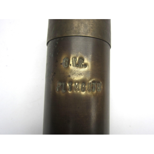 4346 - A brass canister engraved with G W R Plymouth, 17cm tall