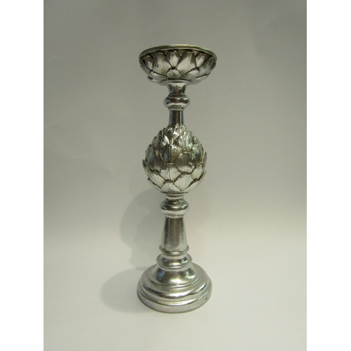 4497 - A silver coloured candle stand with artichoke design column, 38cm tall