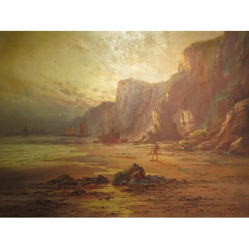 4171 - FRANK HIDER (1861-1933): An oil on canvas of coastal scene with figure on beach.  Signed and dated 1... 