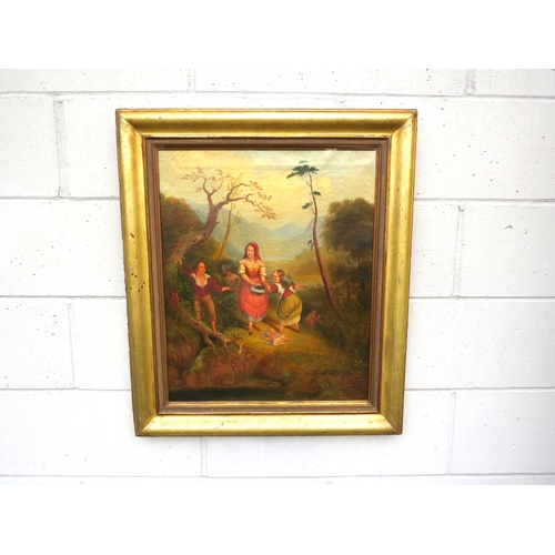 7047 - A 19th Century oil on canvas, naive figures in valley, indistinctly signed, 57cm x 46.5cm, gilded fr... 