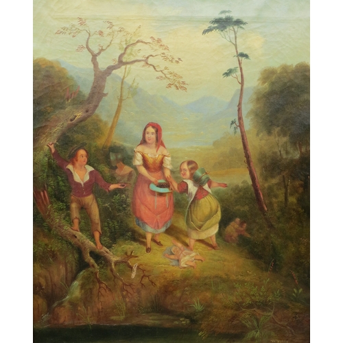 7047 - A 19th Century oil on canvas, naive figures in valley, indistinctly signed, 57cm x 46.5cm, gilded fr... 