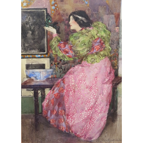 7043 - PHYLLIDA MURIEL BRIDGWATER (1891-1989) A framed and glazed watercolour of a lady, titled 'The Jade I... 