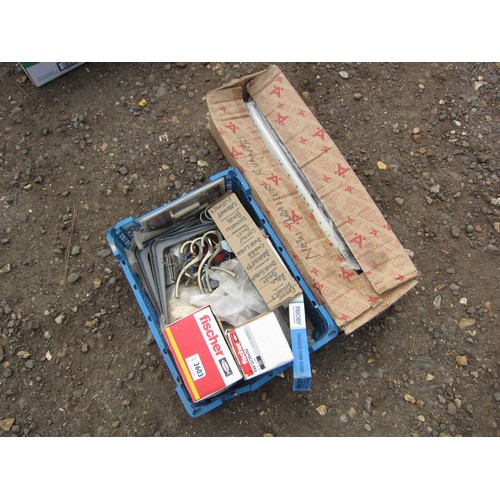 3603 - A box of metal drawer runners, a box of assorted cabinet fittings, rawl bolts, frame fixings, garage... 