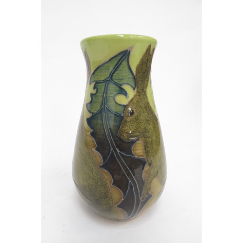 6678 - A Dennis China Works TRIAL pattern vase in lime green depicting hares, 14cm tall