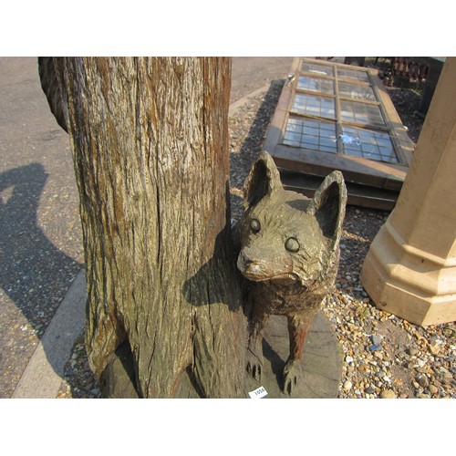 1056 - An Andy Barton tree trunk chainsaw carving with fox, pine marten and squirrel. Labelled at base. In ... 