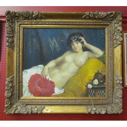 4036 - An oil on canvas depicting a reclining nude with red feather fan and coin headdress, gilt framed, 60... 