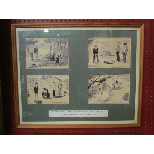 4042 - A framed group of four prints depicting comical golfing scenes by Ken Gainer.  Each 12.5cm x 17cm