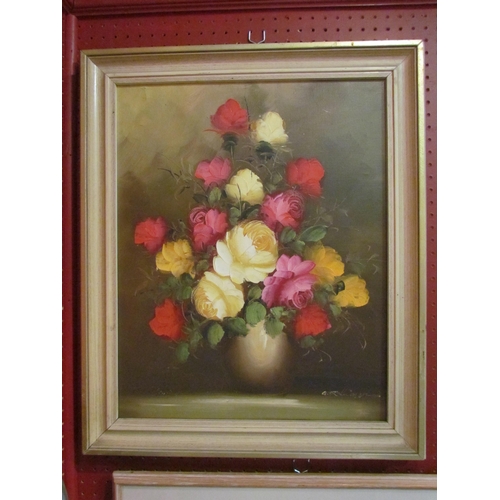 4067 - An oil on canvas depicting floral still-life, indistinctly signed lower right, 49cm x 48cm image siz... 