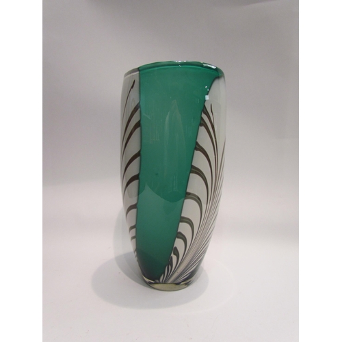 4070 - An Art glass vase in turquoise and grey feather like design, 30cm tall