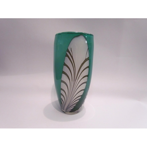 4070 - An Art glass vase in turquoise and grey feather like design, 30cm tall