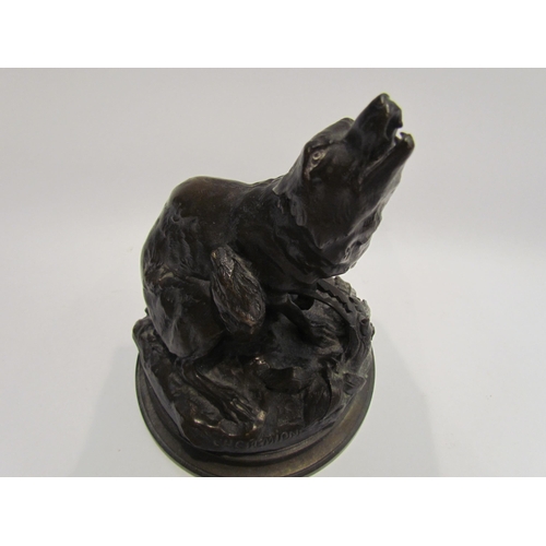 4071 - A bronze sculpture of fox in a trap, after Charles Gremion (XIX), 18.5cm tall