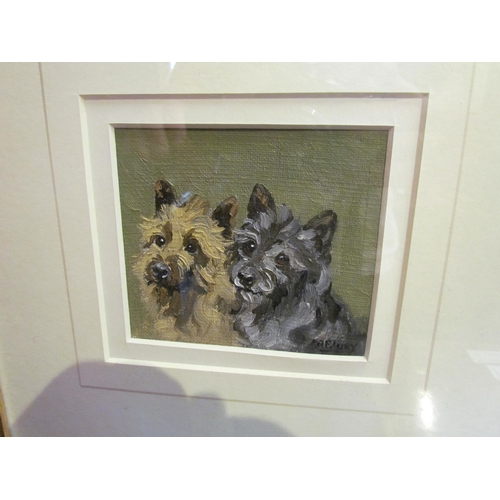 4102 - An oil on board of two Terrier dogs, signed lower right, framed and glazed, 10cm x 11cm image size