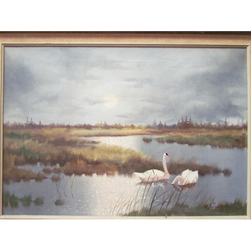 4132 - W. LIGGENBERG: An oil on canvas depicting a moonlit river scene with two swans, signed lower right, ... 