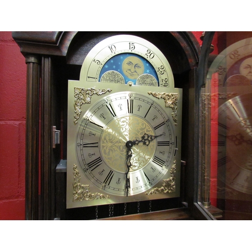 4152 - A modern long case clock with moonphase dial and lead glazed door, with weights and pendulum