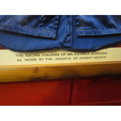 4160 - Framed horse racing silks bearing label 