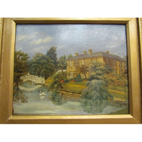 4170 - An oil on board depicting Country house with bridge middle ground and river to foreground, gilt fram... 