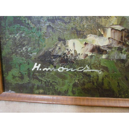 4189 - H.MONCS: An oil on canvas of mountain landscape scene with trees and lake to foreground, signed lowe... 