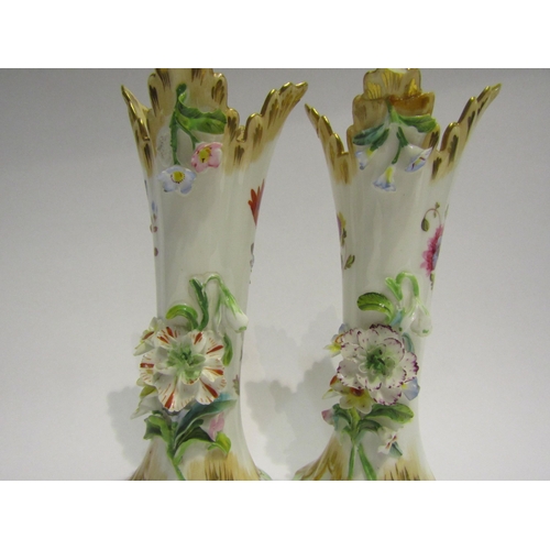 4373 - A pair of Victorian vases hand-painted and encrusted with flowers, gilt embellishment, 17cm tall