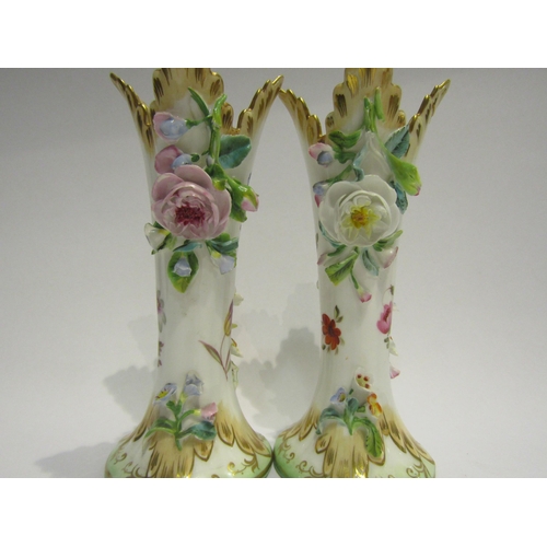 4373 - A pair of Victorian vases hand-painted and encrusted with flowers, gilt embellishment, 17cm tall