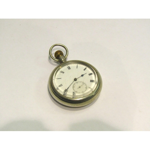 4421 - A nickel plated pocket watch with white enamel dial, set with Roman numerals and subsidiary seconds.... 