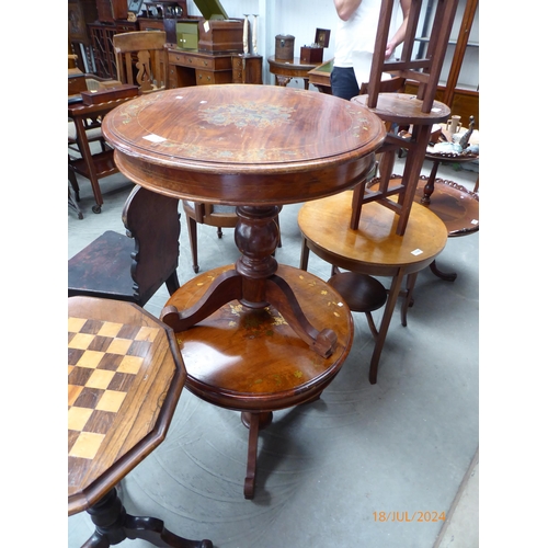 2184 - A pair of brass inlaid circular tables an octagonal top lamp table with burrwood border and rope twi... 