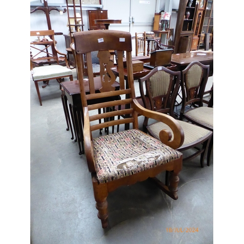 2190 - A late 19th / early 20th Century rocking chair, scrolled arms, back splat a/f, together with two Edw... 