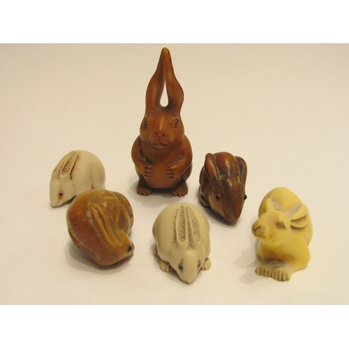 4456 - A bag of wooden, ivorine and ceramic netsuke in the form of rabbits (6)