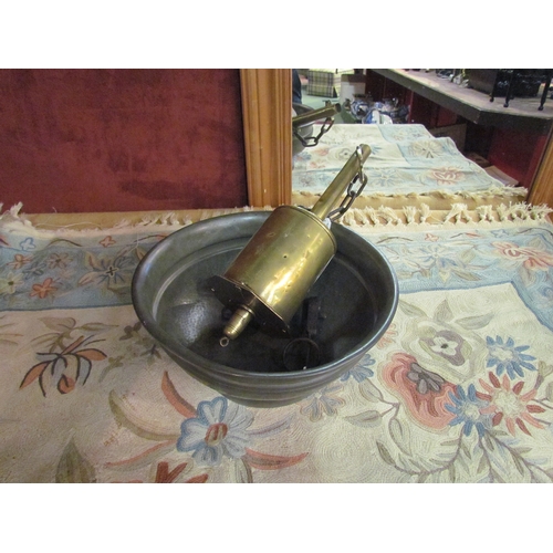 4227 - A 19th Century brass clockwork spit together with a Unity pewter footed bowl (2)