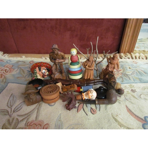 4229 - A box of miscellaneous treen figures, fret cut circular box, pottery figure, treen and ceramic bottl... 