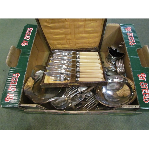 4267 - A box of plated/flatware, mustard pot with blue glass liner, etc