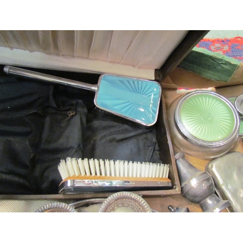 4274 - A box containing metalwares to include guilloche enamel effect dressing table items