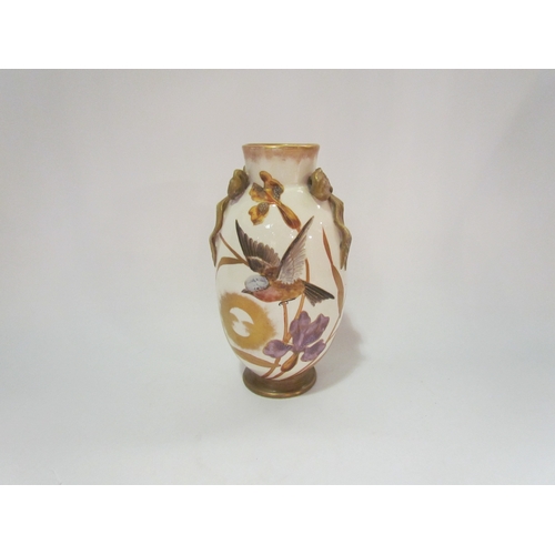 4295 - A Victorian vase over painted with bird in flight and Iris. Ribbon swags gilt embellishment marks to... 