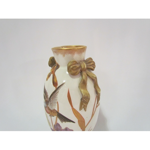 4295 - A Victorian vase over painted with bird in flight and Iris. Ribbon swags gilt embellishment marks to... 