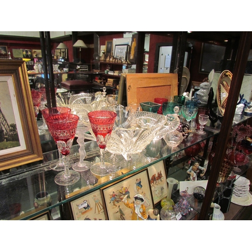 4309 - A selection of glassware to include, moulded glass bowl cranberry, green and blue wine glasses scent... 