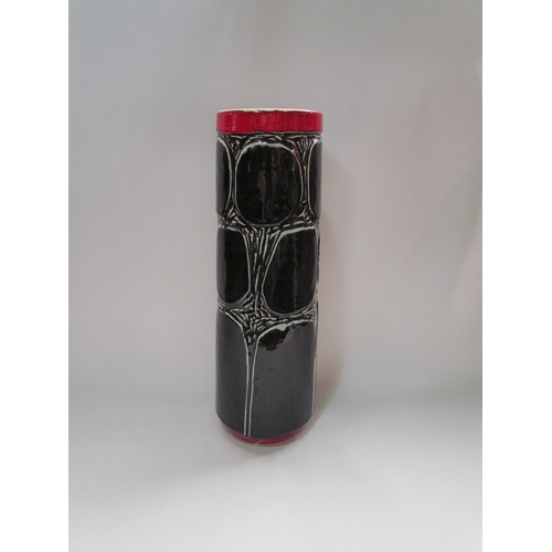 4332 - A Poole Pottery Delphis cylindrical vase, black with red band to top, 40.5cm high, no. 85 to base