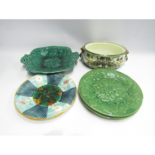 4490 - Five pieces of Victorian Majolica including Wedgwood game pie dish (no cover) and green leaf plates