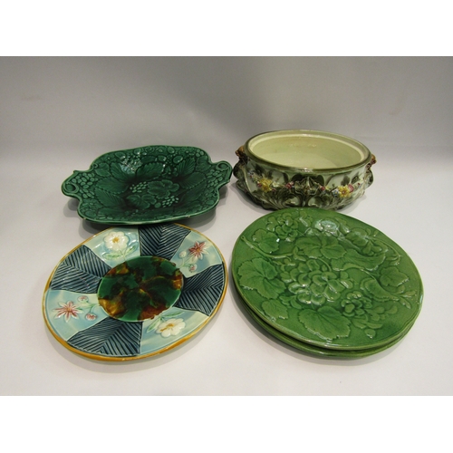 4490 - Five pieces of Victorian Majolica including Wedgwood game pie dish (no cover) and green leaf plates