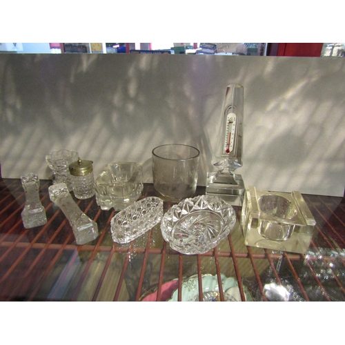 4493 - A collection of 19th Century glass including salts, obelisk thermometer, knife rests, etc.  Tallest ... 