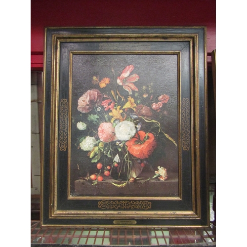 4500 - An oleograph of flowers in ebonised and gilt frame, 40cm x 30cm image size