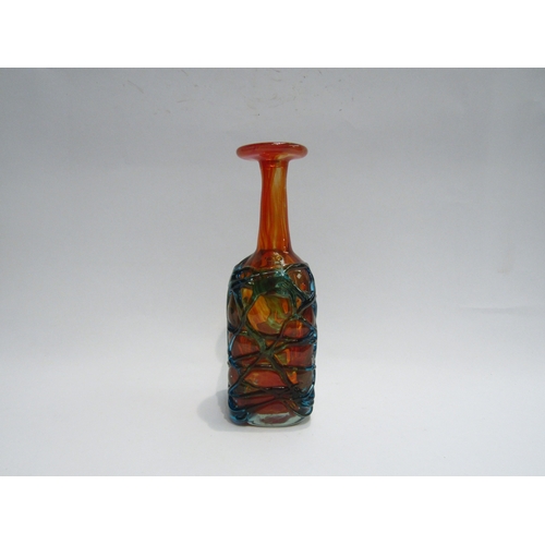 4506 - A Mdina art glass vase of bottle form, lava coloured with turquoise overlay, 23cm tall