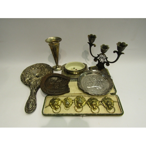 4509 - A small box of miscellaneous metal ware to include silver hand mirror, silver spill vase (minus base... 