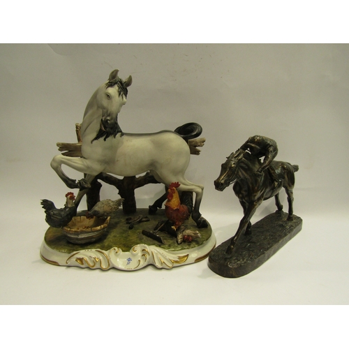 4517 - A Capodimonte farmyard figural group of horse with hens, 28cm tall, together with a resin bronze rac... 