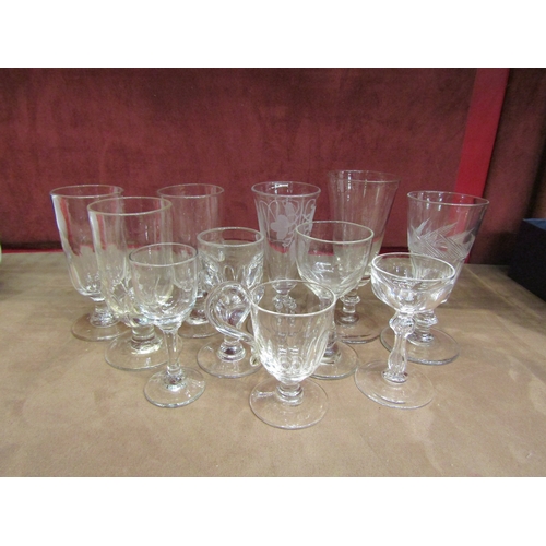 4527 - A collection of eleven drinking glasses, etched, facet cut and moulded detail.  Tallest 14.7cm (11)