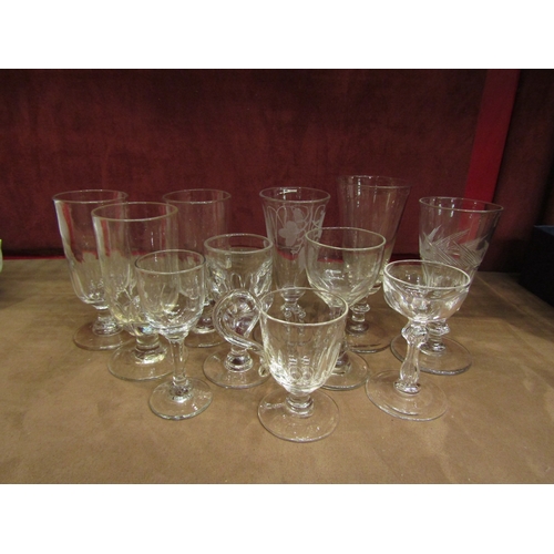 4527 - A collection of eleven drinking glasses, etched, facet cut and moulded detail.  Tallest 14.7cm (11)