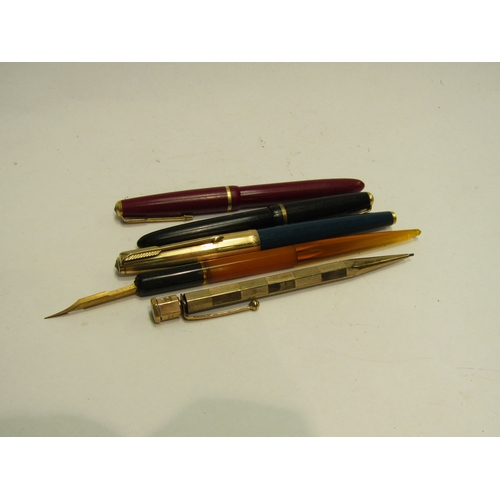 4433 - Three fountain pens, a rolled gold propelling pencil and a dip pen (5)