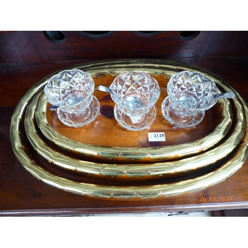 2139 - Three handcrafted pine and brass rimmed serving trays and three glass ice cream servers (6)