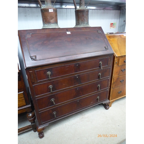 2168 - A 1930s mahogany bureau on ball and claw feet