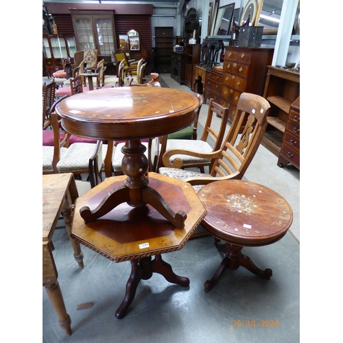 2184 - A pair of brass inlaid circular tables an octagonal top lamp table with burrwood border and rope twi... 